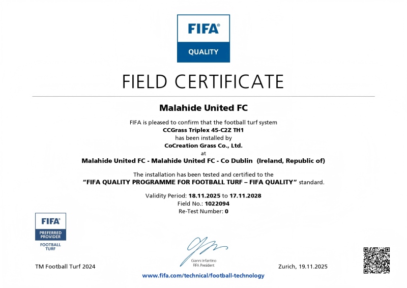Сертификат FIFA 2024 года для поля Malahide United FC